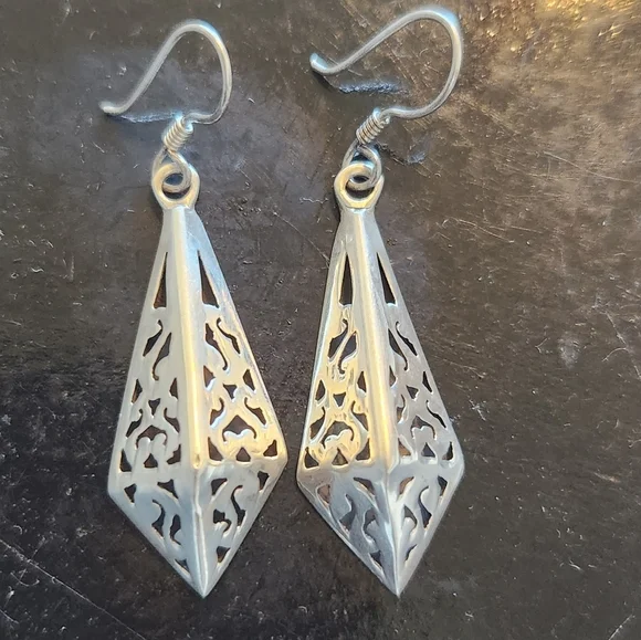 Vintage Mexico Sterling Silver Pyramid Dangle Earrings - Picture 3 of 7